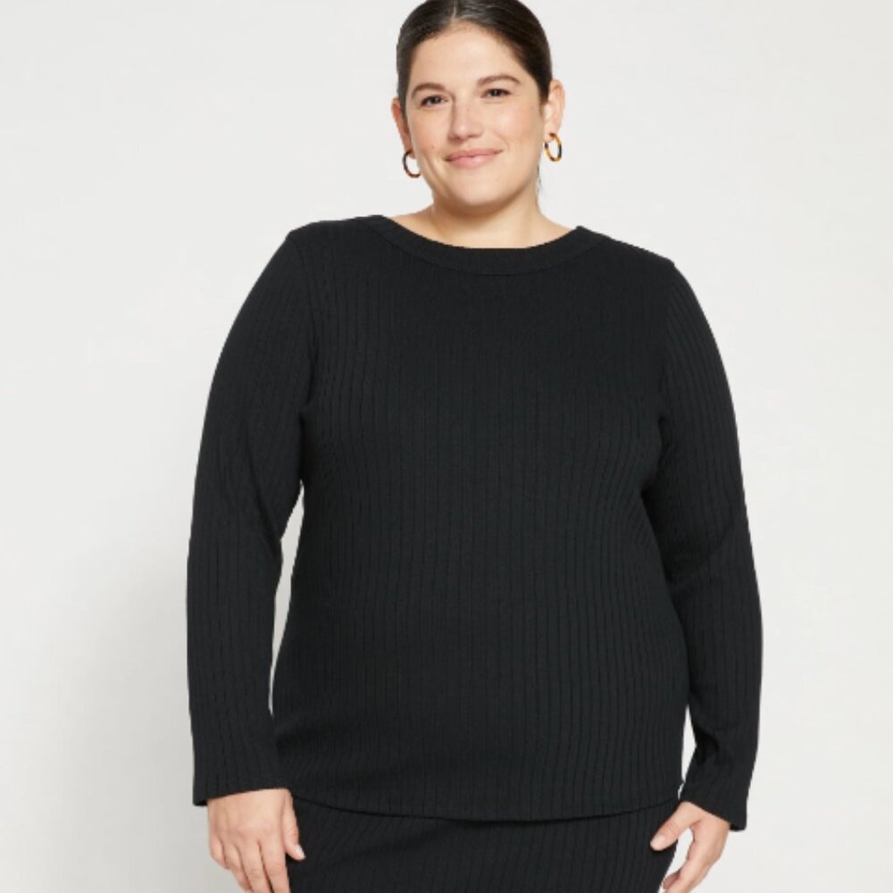 Universal Standard Aspen Rib Scoop Back Long Sleeve Top Black NWT